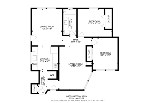 Floor plan for 2 beds, 1 bath, 800 sqft